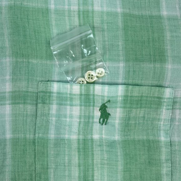 Ralph Lauren Linen Shirt Mens L Long Sleeve Button-Down Classic Fit Green Plaid - Picture 3 of 12